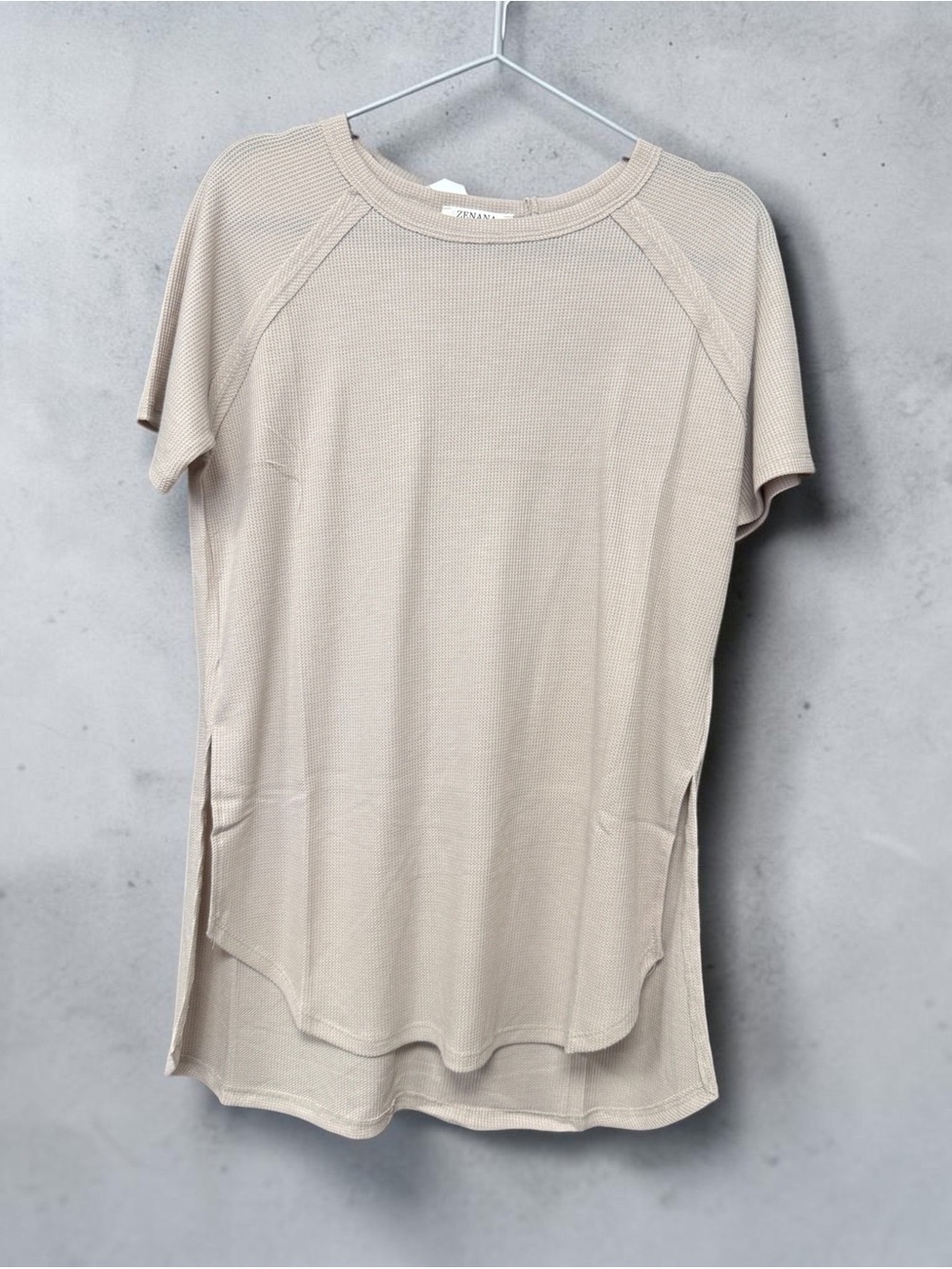 Zenana Outfitters Light Beige Short Sleeve Waffle Knit Tee